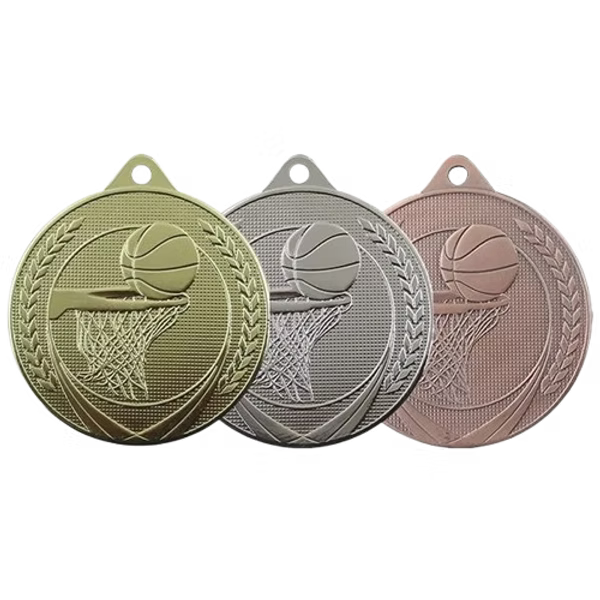 Médaille MS15 Basketball 50 mm, disponible en 3 couleurs, personnalisable avec texte au dos.