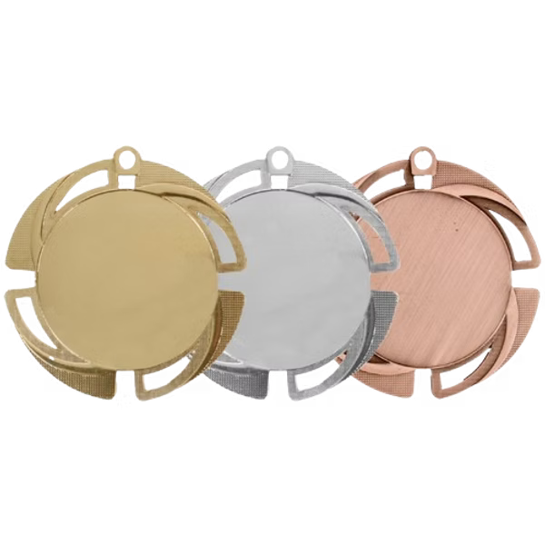 Médaille M709 – 70 mm, disponible en 3 couleurs, personnalisable avec emblème 50 mm et texte au dos.