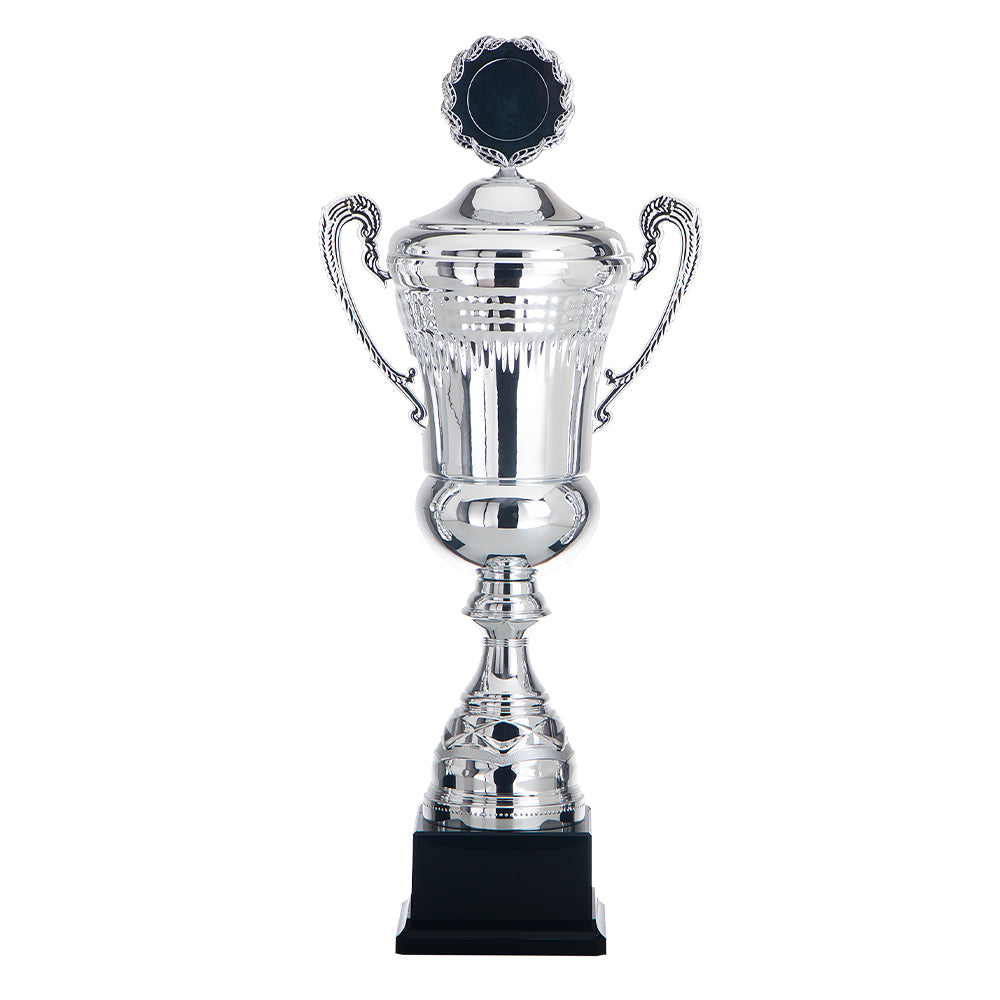 cp 128 Coupe en métal de prestige avec couvercle , couleurs argent brillant . Idéale pour les challenges, remises de prix en tout genres.