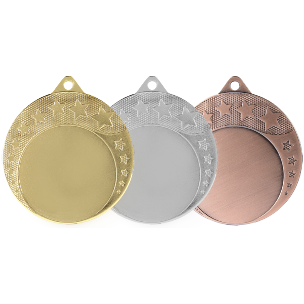 Médaille M710 – 70 mm, disponible en 3 couleurs, personnalisable avec emblème 50 mm et texte au dos.
