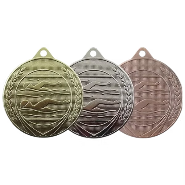 Médaille MS14 Natation 50 mm, disponible en 3 couleurs, personnalisable avec texte au dos.