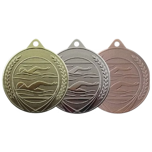 Médaille MS14 Natation 50 mm, disponible en 3 couleurs, personnalisable avec texte au dos.