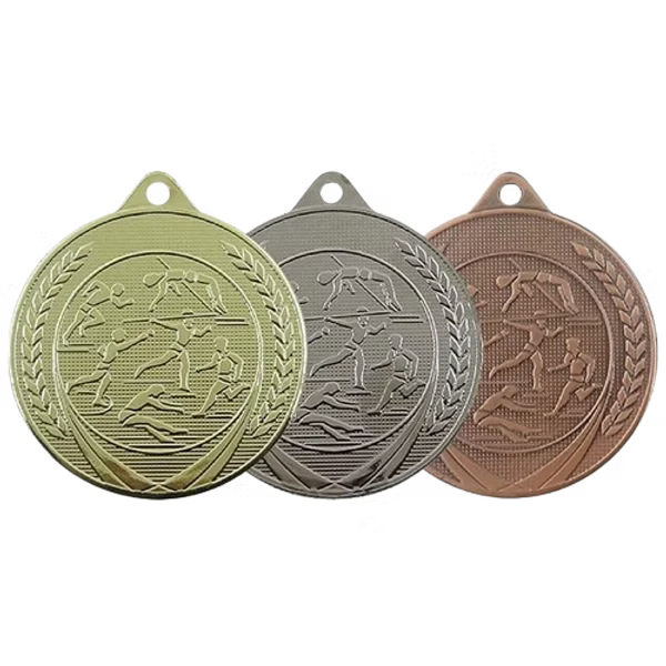 Médaille MS16 Athlétisme 50 mm, disponible en 3 couleurs, personnalisable avec texte au dos.