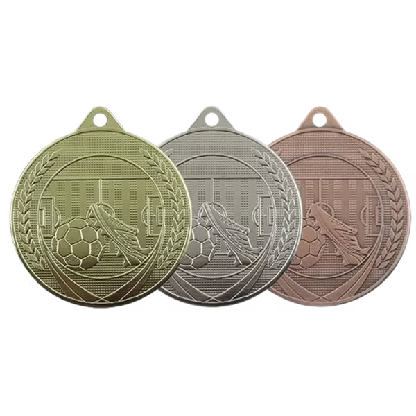Médaille MS11 Football 50 mm frappée avec relief, disponible en 3 couleurs, personnalisable.