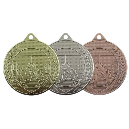 Médaille MS11 Football 50 mm frappée avec relief, disponible en 3 couleurs, personnalisable.