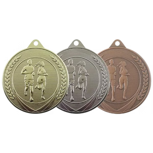 Médaille MS12 Course à pied 50 mm, disponible en 3 couleurs, personnalisable avec texte au dos.