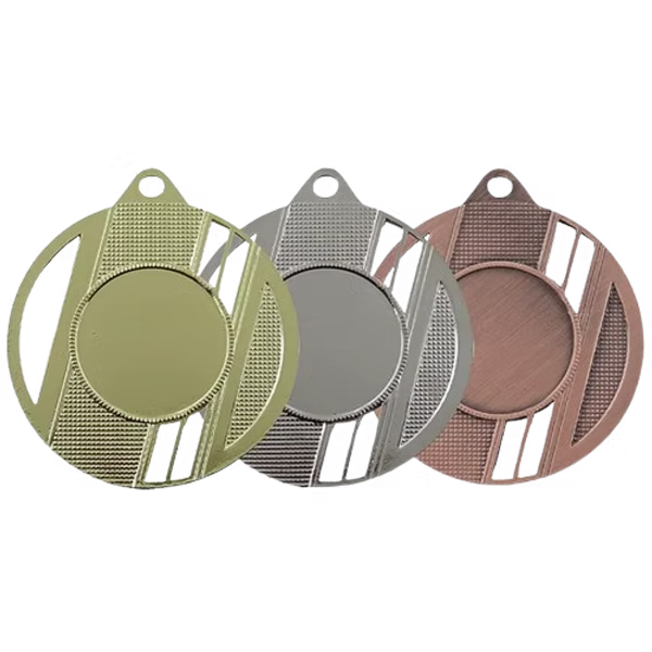 Médaille M505 – 50 mm, disponible en 3 couleurs, personnalisable avec emblème et texte au dos.