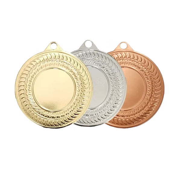 Médaille M507 – 50 mm, disponible en 3 couleurs, personnalisable avec emblème et texte au dos.