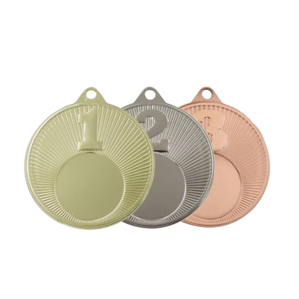 Médaille M508 – 50 mm avec relief et rang, disponible en 3 couleurs, personnalisable avec emblème et texte au dos.