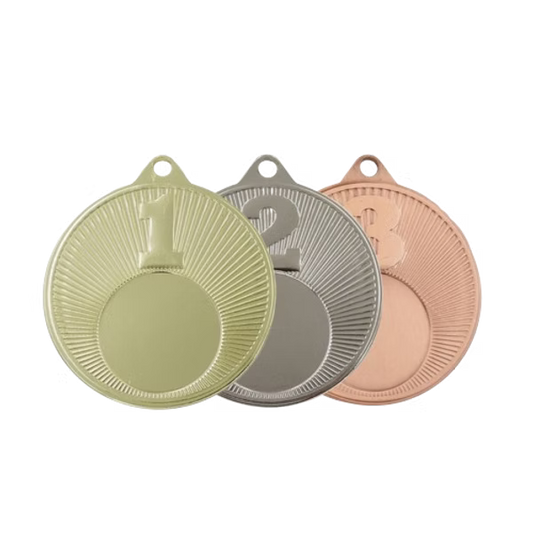 Médaille M508 – 50 mm avec relief et rang, disponible en 3 couleurs, personnalisable avec emblème et texte au dos.
