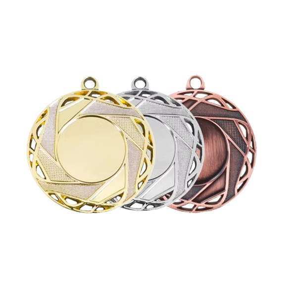 Médaille M509 – 50 mm, disponible en 3 couleurs, personnalisable avec emblème et texte au dos.