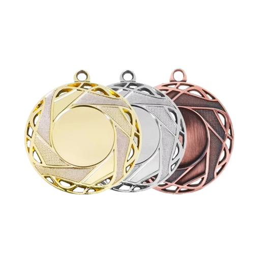 Médaille M509 – 50 mm, disponible en 3 couleurs, personnalisable avec emblème et texte au dos.