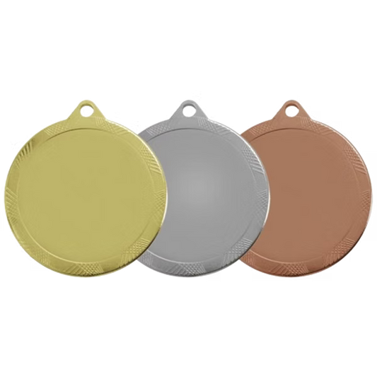Médaille M601 – 60 mm, disponible en 3 couleurs, personnalisable avec emblème 50 mm et texte au dos.