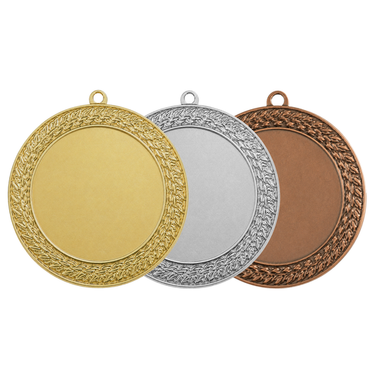 Médaille M707 – 70 mm, disponible en 3 couleurs, personnalisable avec emblème 50 mm et texte au dos. Motif laurier victoire - métal