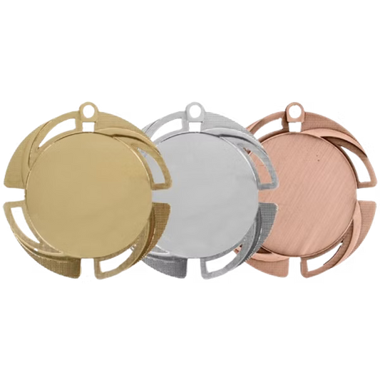 Médaille M709 – 70 mm, disponible en 3 couleurs, personnalisable avec emblème 50 mm et texte au dos.