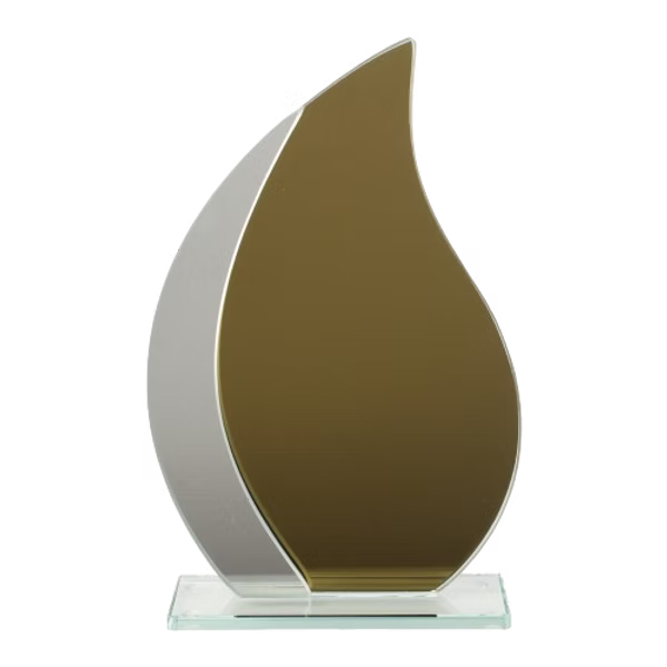 Trophée en verre miroir doré TV312 en forme de flamme avec gravure personnalisée