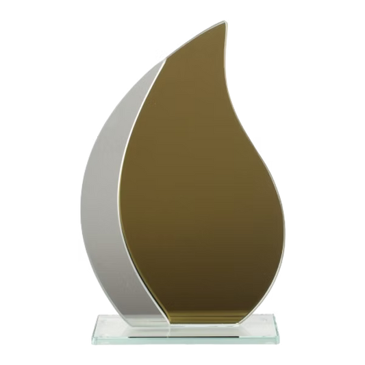 Trophée en verre miroir doré TV312 en forme de flamme avec gravure personnalisée
