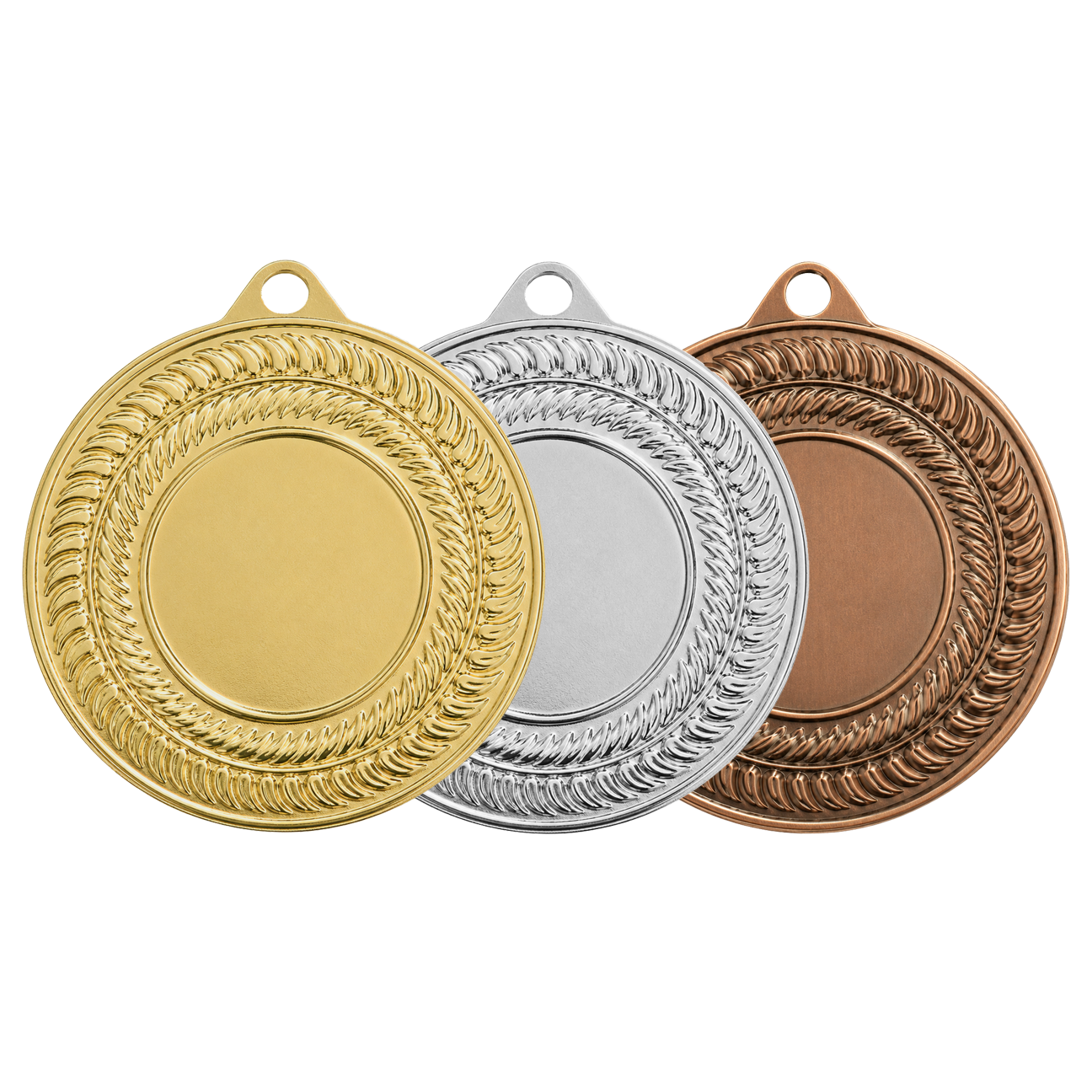 Médaille M507 – 50 mm, disponible en 3 couleurs, personnalisable avec emblème et texte au dos.