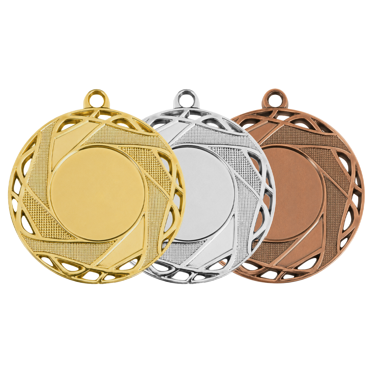 Médaille M509 – 50 mm, disponible en 3 couleurs, personnalisable avec emblème et texte au dos. Métal découpé de très haute qualité Motif unique 