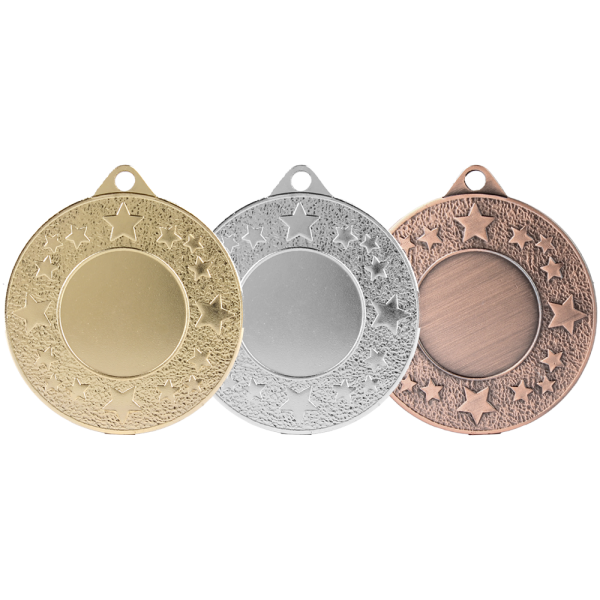 Médaille en 50mm avec emblème 25mm de 3 couleurs or argent et bronze avec motif étoile