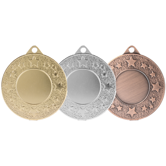 Médaille en 50mm avec emblème 25mm de 3 couleurs or argent et bronze avec motif étoile