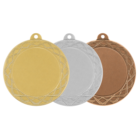 Médaille M708 – 70 mm, disponible en 3 couleurs, personnalisable avec emblème 50 mm et texte au dos. En Métal