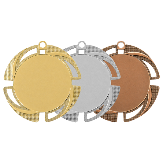 Médaille M709 – 70 mm, disponible en 3 couleurs, personnalisable avec emblème 50 mm et texte au dos.
Métal de haute qualité