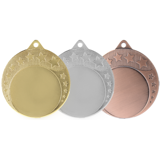 Médaille M710 – 70 mm, disponible en 3 couleurs, personnalisable avec emblème 50 mm et texte au dos.
