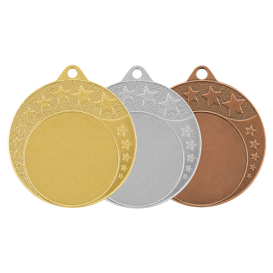 Médaille M710 – 70 mm, disponible en 3 couleurs, personnalisable avec emblème 50 mm et texte au dos.
Motif étoile relief
TopTrophy - Suisse