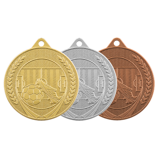 Médaille MS11 Football 50 mm frappée avec relief, disponible en 3 couleurs, personnalisable.