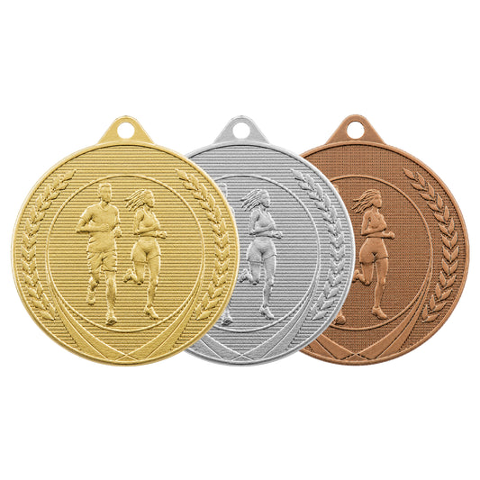 Médaille MS12 Course à pied 50 mm, disponible en 3 couleurs, personnalisable avec texte au dos.