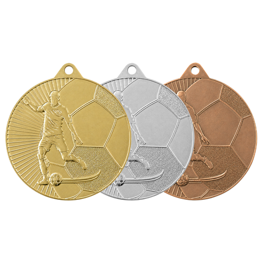 Médaille en métal diamètre 70mm relief frappé - football prix bas CHF 1.90 seulement
Médaille en alliage de qualité
Médaille premium
Disponible en 3 couleur
TopTrophy - Suisse