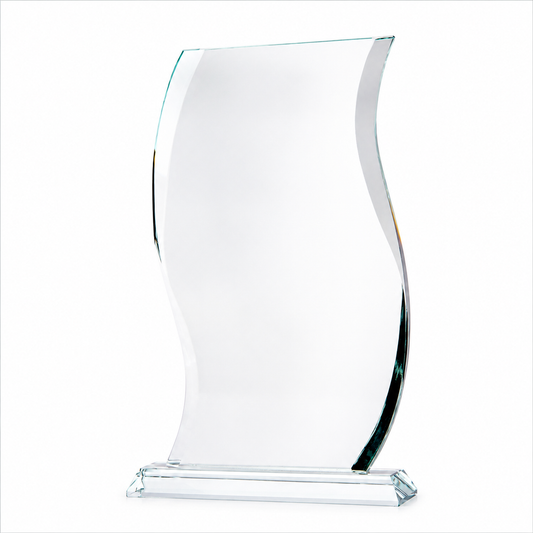 Trophée en verre TV309 ondulé 25 cm avec gravure personnalisée et boîte cadeau noire