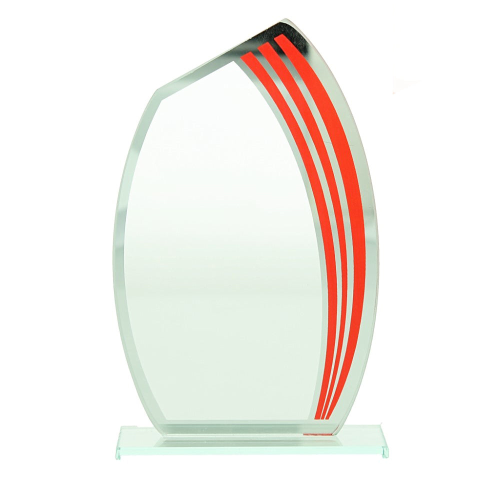 Ce trophée en verre au design sobre et élégant avec un motif de couleur rouge et argenté est idéal pour mettre en valeur une gravure personnalisée (logo, texte ou message).