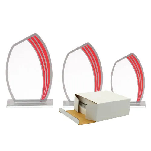 Ce trophée en verre au design sobre et élégant avec un motif de couleur rouge et argenté est idéal pour mettre en valeur une gravure personnalisée (logo, texte ou message).
Image des 3 trophées